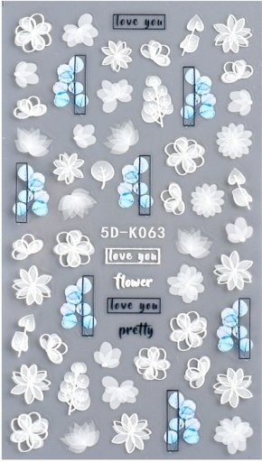 5D Nagelsticker Blüten, Blumen weiß & Babyblau  (5D-K063)