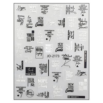 Dekorative Nailart Sticker mit Schriftzügen, Symbolen und modernen Designs.