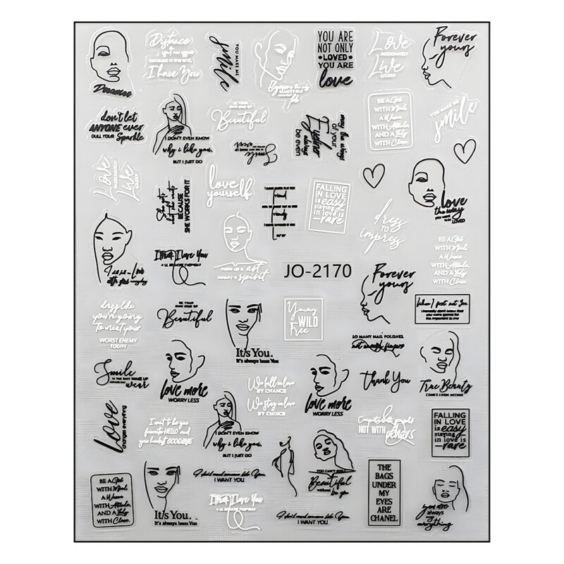 Dekorative Nailart Sticker mit Schriftzügen, Symbolen und modernen Designs. Line Art Gesichter & Statements (JO-2170)