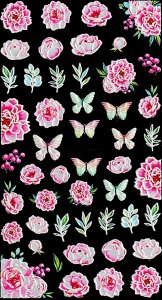 5D Nagelsticker Blumen, Schmetterlinge rosa, mint, weiß...